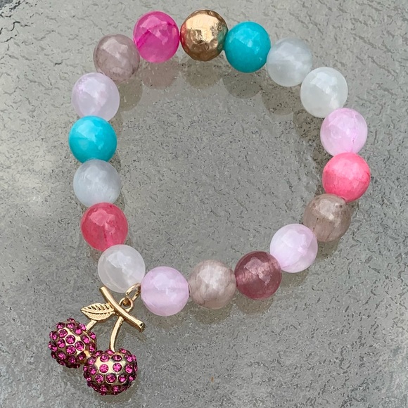 Hand Crafted Jewelry - Handmade Glass Bead Bracelet with Cherry Charm